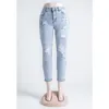 Damen Loch Elastizität Jeans Mode Trend Bördeln Mittlere Taille Denim Hosen Designer Weibliche Herbst Neue Gewaschen Casual Skinny Zerrissene Jeans