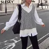 Sllsky Plaid Sweter Kamizelka Sweter Damska 2020 Oversized Sweter Vintage Bez Rękawów V-Neck Koreański Kamizelka Kamizelka Sweter Topy