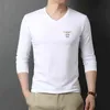 Top Quality Moda Marca Planície 95% Algodão 5% Spandex V Neck Manga Longa Camiseta Homens Preto Casual Roupas 220115