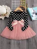 Toddler Girls Polka Dot Contrast Mesh Ribbon Belt Combo Dress SHE