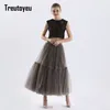 Treutoyeu Vintage Gothic Zwart Wit Geplooide Lange Tule Rok Tutu Femme Hoge Taille Runway Zachte Mesh Rokken Jupe 220224