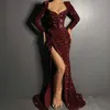 Burgundy Sequins Evening Dresses With Long Sleeves Mermaid High Split Mermaid Prom Dress Party Gown Royal Blue