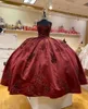 Burgundia Satin Cekinowy Quinceanera Dresses 2021 Sweetheart Neck Luksusowy Urodziny Party Dress Lace-Up Gorset Powrót Prom Suknie