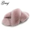 GRWG 100% Natural Sheepskin Fur Fashion Female Winter Women Warm Indoor Slippers Soft Wool Lady Home Shoes Y200424