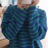 ハーティーンルーズコットンストライプTシャツ女性秋の長袖O-neck韓国のオールマッチベーシックウーマントップフェムティーTシャツ220207