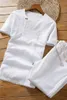 짧은 소매 티셔츠 남자가 V 목 Drawstring 캐주얼 바지 공식 여름 착용 의류 세트 중국 스타일 코튼 린넨 슈트 1