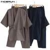 الرجال ملابس النوم الرجال كيمونو مجموعة المنزل النمط الياباني بلون القطن قمم والسراويل منامة فضفاضة عارضة comfy L-5XL1