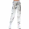 Kadın Parlak Holografik Pantolon Gevşek Yüksek Bel Metalik Pantolon Dans Performansı Hip Hop Pantolon Streetwear Joggers 201109