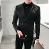 Moda-New Faux Leather Mens Blazer Luxo Dupla Breasted Pu Masculino Blazer Moda Bordado Single Breasted Slim Fit Homem