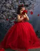 2022 Cristalli di pizzo rosso di lusso Abiti da ragazza di fiori Cristalli di perline Abito di sfera Tulle Lilttle Bambini Compleanno Pageant Abiti da sposa ZJ512