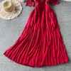 Sonbahar Kırmızı/Mor/Beyaz İçi Boş Out Dantel Pileli Uzun Elbise Vintage Yuvarlak Boyun Kısa Kollu Yüksek Bel Draped Vestidos Parti Robe 2022