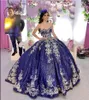 Sparkly Dark Navy Lovertjes Satijnen Quinceanera Jurken Prom Baljurk Champagne Floral Applique Kralen Strapless Lace-Up Back Sweet 16 Dress Prom Long