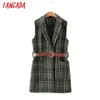 Tangada Frauen Khaki Plaid Muster lange Weste Mantel mit Gürtel Büro Damen Weste ärmelloser Blazer elegantes Top 3A15 201214