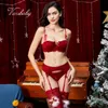 Varsbaby sexy style de Noël demi-tasse sous-vêtements push up soutien-gorge ensemble 4 pcs soutiens-gorge + culottes + jarretières + bas Y200708