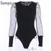 Sampische polka stip lange mouw bodysuit body dames transparant gaas sexy bodysuit zwarte romper dames herfst bodysuits t200323