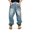 New Tide Men Jeans Hiphop Hip-Hop Jeans Fashion Personality Broderi Loose Plus Size Denim Byxor Herrkläder Byxor Bottoms Ljusblå