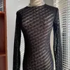 Lune Imprimé Maille Transparente t-shirts Femmes Sexy O-cou À Manches Longues Mince Basique Décontracté Femmes Hauts Printemps