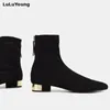 Herbst Frühling Neue Quadratische Köpfe Niedrige Absätze Elastische Dünne Beine Reißverschlüsse Damen Kurze Stiefel Schuhe 201102