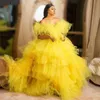 플러스 사이즈 댄스 파티 드레스 계층화 된 푹신한 파티 abiye 형식 드레스 Long Robe de Soiree Yellow Tulle Evening Gown Off Shoulder