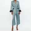 Cuivre des femmes 2020 Nouvelle Arrivée Blue Imprimé Kimono Veste avec des manches de plumes Pantalons à jambe larges en deux pièces Vêtements Vintage Costudes1