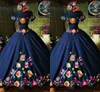 2022 Fashion Charro Mexico Quinceanera Dresses Navy Blue Embroidered Off The Shoulder Satin Corset Back Sweet 15 Girls Prom Dress Custom