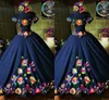 2022 Fashion Charro Mexico Quinceanera Dresses Navy Blue Embroidered Off The Shoulder Satin Corset Back Sweet 15 Girls Prom Dress Custom