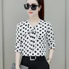 Slips långärmad blusa v krage polka dot blouses tröja avslappnad ny feminin eleganta kvinnor toppar camisas mujer lj200810