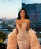 2020 Arabische Luxe Mermaid Avondjurken met Bont Wrap Lovertjes Prom-jurken Sweetheart Deep V-hals Speciale gelegenheid Jurk