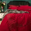 4 / 6Piece Red Egyptisk bomull Lace Luxury Wedding Bedding Set King Queen Size Bed Cover Set Bedsheets Duvet Cover Set Pillowcases 201021