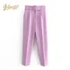 Sheflourishes Womens High Waist Trousers Pants with Belt zoravicky Lavender straight office lady Suit Pants Purple Capris SFF1d LJ200820