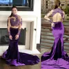 New Sexy Two Pieces Mermaid Purple Veet Evening Dresses Wear Illusion High Neck Long Sleeves Crystal Beads Party Dress Formal Prom Gowns 403