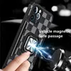 Magnetic Holder PU Läder Grid Telefon Fodraler för iPhone 11 12 Mini 13 Pro Max XR XS 7 8 Plus Shocksäker Soft TPU Ring Stativ Cover