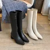 MLJUESE 2021women knee-high boots stretch faric winter short plush beige color pointed toe high heels female high boots size 401