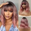 Hair Easi Bob Ombre Pink Wavy with Bangs Natural Synthetic Curly Hairs for Women Heat Resistant Daily Cosplay Lolita 220301