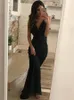 Sexig Billiga Black Mermaid Prom Klänningar Deep V-Neck Criss Cors Back Sweep Train Formell Klänning Wear Party Evening Gowns Vestidos de Fiesta