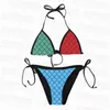 Bikini con pannelli multicolori Costumi da bagno con spacco allacciato all'americana vintage Lady Sexy Reggiseno da spiaggia ﾠ Slip Bikini alla moda con motivo a griglia