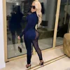 Plus size 2X Women sexy night club wearing sheer Jumpsuits trendy solid color long sleeve overalls sexy skinny bodysuits leggings 4197