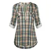 Kvinnors Blusar Skjortor Kvinnor Casual Rolled Sleeve Zipped V-Neck Plaid Printed Shirt Tunika Toppar Blus Skriv ut Knapp Feminina 2021