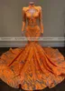 Sparkly Orange Long Prom Dresses High Neck Sleeve High Neck Sexy African Women Black Girls Mermaid Sequin Prom Gowns