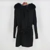 Ofbuy 2020 Ny överdimensionerad Loose Cashmere Wool Blends Real Fur Coat Winter Jacka Women Natural Fox Päls krage Huva Ytterkläder Belt1776468