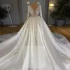 Dubai Långärmade Bröllopsklänningar med pärlor 2021 Deep V Neck Satin Bröllopsklänningar Plusstorlek Skräddarsy Vestido de Novia