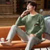 MELIFLE Autumn 100% Cotton PJS Soft Men's Pajamas Set Winter Warm Pure Green Silk Sleepwear for Man Satin Lounge Male Nightwear LJ201113