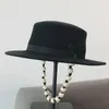 Wool Wide Brim Porkpie Fedora Hat Pearl chain decoration Felt Hat flat top retro Hepburn net red felt