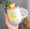 Muggar koreanska kreativa personlighet enkla mugg tecknad söt keramisk kopp med trä lock sked hem frukost mjölk cup1