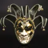 Máscaras Full Face Homens Venetian Theatre Jester Joker Masquerade Máscara com Sinos Mardi Gras Party Ball Halloween Cosplay Máscara Traje Y20010