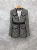 Novo design moda feminina com decote em v manga longa com cinto cintura fina preto branco xadrez grade tweed blazer de lã casaco plus size SMLXLXXL