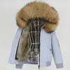 Oftbuy Vattentät Bomber Parka Vinterjacka Kvinnor Real Rabbit Fur Coat Natural Fox Raccoon Fur Collar Hood Avtagbar Ny 201125