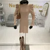 2020 NY DESIGN Women's Stand Collar Puff Long Sleeve Sticked Orange Color Bodycon Tunic Short Dress237e