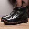 Bottes Martin noires en cuir véritable de style anglais, bottes de travail montantes, faites à la main, bottines à lacets et bout rond pour hommes