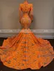 Sparkly Orange Long Prom Dresses High Neck Sleeve High Neck Sexy African Women Black Girls Mermaid Sequin Prom Gowns